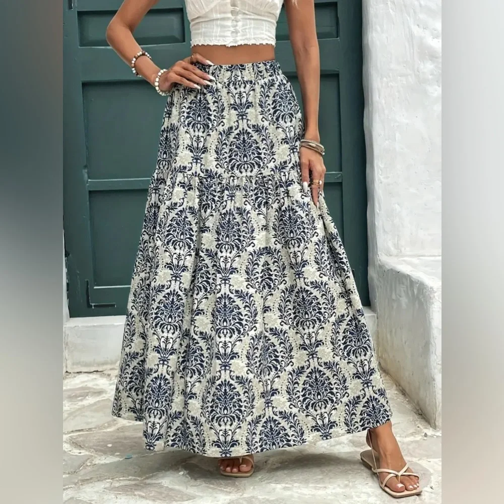 Floral Blue and Cream High Waisted Boho Maxi Skirt New Boutique - Picture 4 of 6